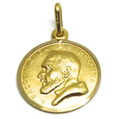 18k yellow gold medal pendant, Saint Pio of Pietrelcina 17mm very detailed.