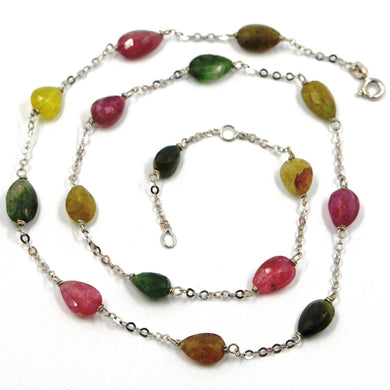 18k white gold necklace, purple green yellow drop tourmaline, rolo chain.