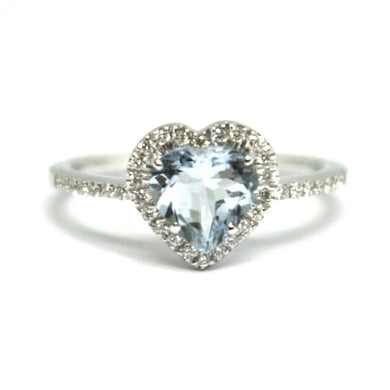 18k white gold heart love ring, aquamarine with diamonds frame, made in Italy.