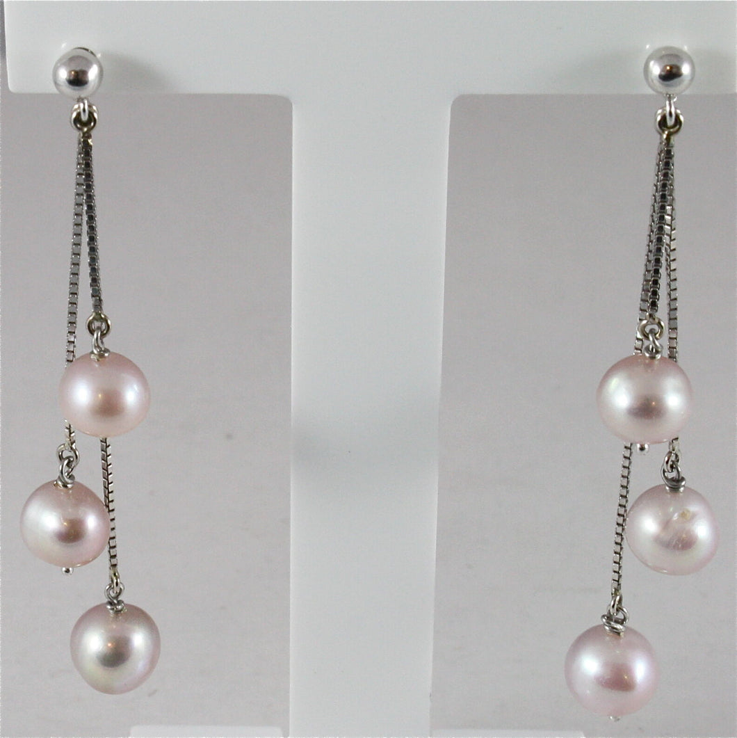 18k white gold pendant earrings with round purple pearls, made in Italy.