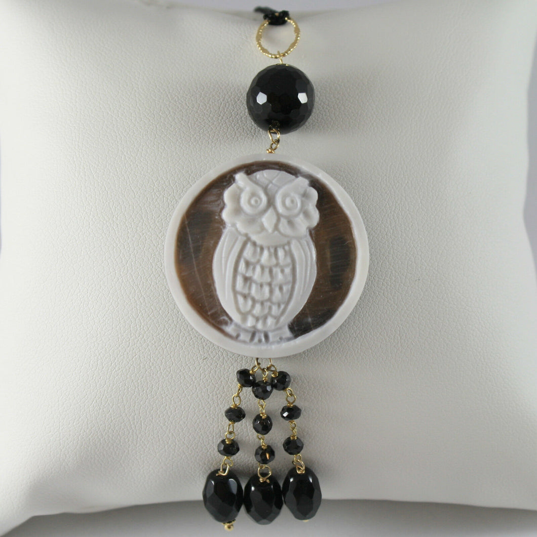 SOLID 18K YELLOW GOLD OWL PENDANT, ONYX AND MOTHER OF PEARL, MADE IN ITALY