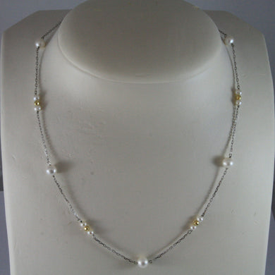 SOLID 18K WHITE GOLD NECKLACE WITH FRESHWATER WHITE PEARL AND YELLOW GOLD BALLS.